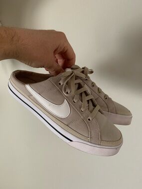 Nike Tan Canvas Lace-Up Mule Sneakers with White Swoosh